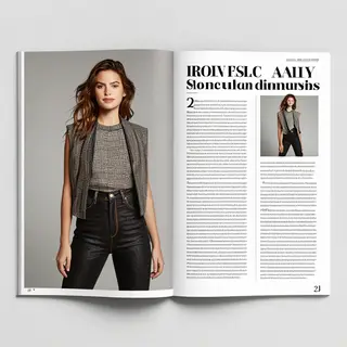 A fashion magazine spread with a full-bleed left-page photo,