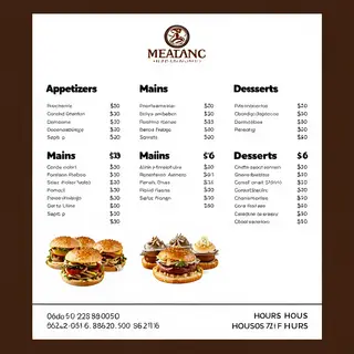 A restaurant menu layout with a logo header, three category 