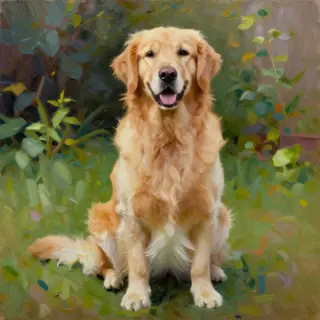 A golden retriever sitting in a garden, painted in the style