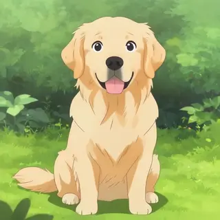 A golden retriever sitting in a garden, rendered in Japanese
