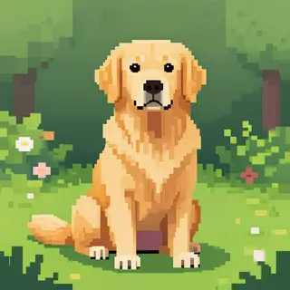 A golden retriever sitting in a garden, rendered in pixel ar