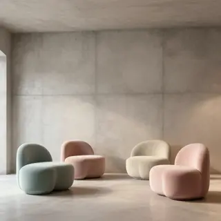 An interior scene rendered in soft brutalism — raw concrete 