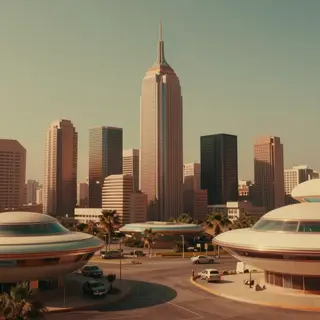 A cityscape rendered in nostalgic futurism — retro-futuristi