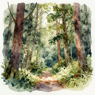 A forest rendered in photorealistic watercolor — the detail 