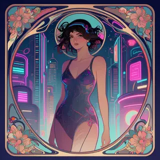 A woman in a futuristic city rendered in cyberpunk Art Nouve