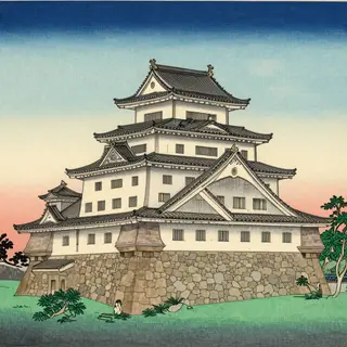 A medieval castle depicted in Japanese ukiyo-e woodblock pri