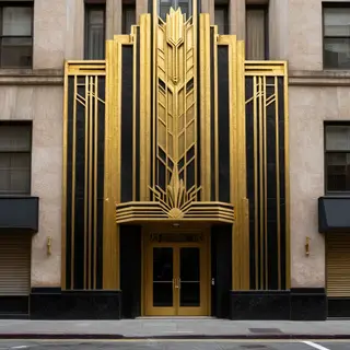 A city street scene in the style of Art Deco — geometric sha