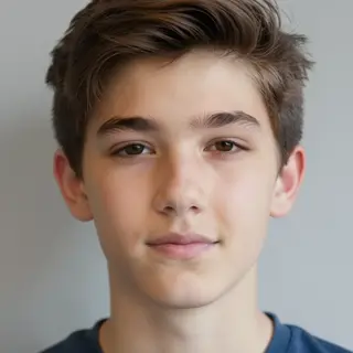 A headshot of a teenager with a relaxed, neutral face