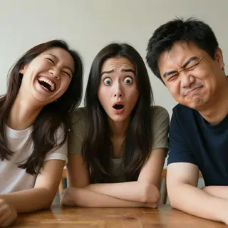 A group of three friends at a table: one laughing with head 