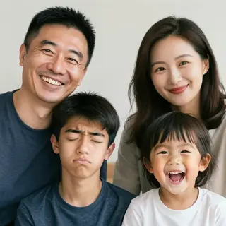 A family photo with four people: a father beaming with pride
