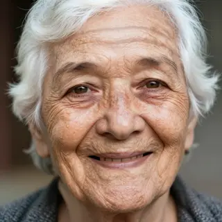 An elderly woman in her 80s with deep wrinkles and white hai
