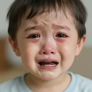 A 5-year-old child with round cheeks and large eyes, crying 