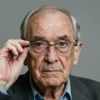 An elderly man in his 70s with age spots and thinning gray h