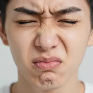 A close-up of a person's face showing clear disgust, nose wr
