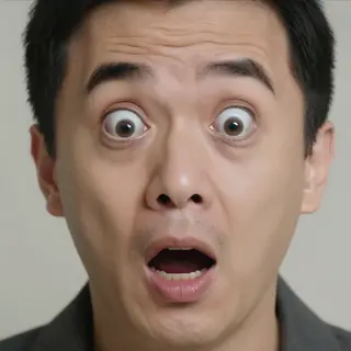 A portrait capturing genuine surprise — raised eyebrows, wid