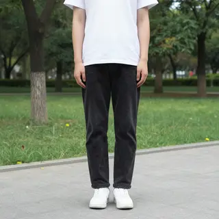 A person standing in a neutral pose in a park, full body vis