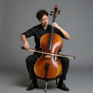 A cellist seated with correct posture, legs around the instr