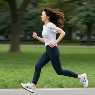 A woman mid-stride running through a park, hair and clothes 