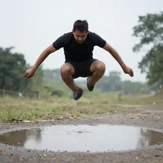 A man captured mid-jump over a puddle, body in the air with 