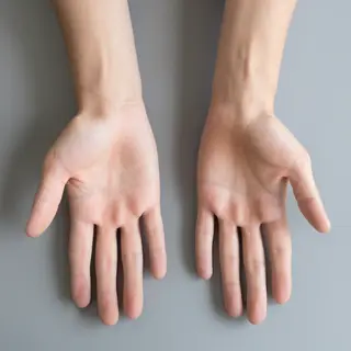 A person standing with both hands visible at their sides, fi
