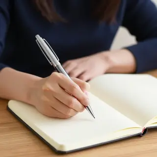 A woman writing in a notebook with a pen gripped correctly i