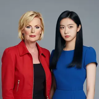 Two women standing side by side: one with short blonde hair 