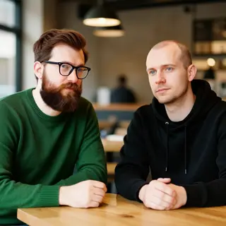 Two men at a cafe: one with a beard and glasses wearing a gr