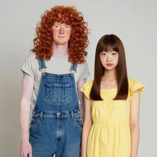 Two friends posing: one tall with curly red hair in denim ov
