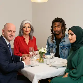 Four people at a dinner table: a bald man in a suit, a woman