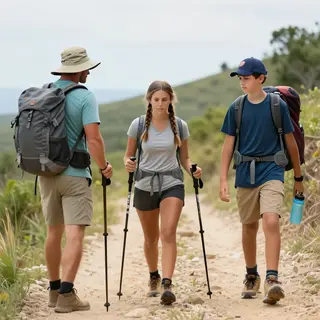 Three hikers on a trail: a man with a backpack and sunhat, a