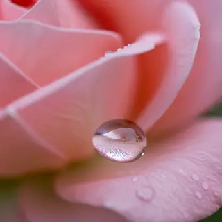 A close-up macro shot of a single dewdrop on a rose petal, s