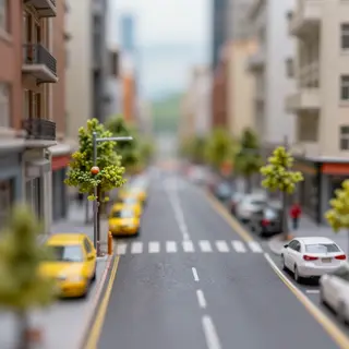A tilt-shift photograph of a city street making real-life lo