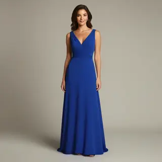 A woman wearing a royal blue evening dress against a neutral