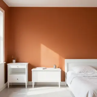 A bedroom wall painted in #FF6B35 (burnt orange) with white 