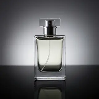 A clear glass perfume bottle on a reflective black surface w