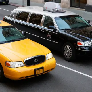 A yellow taxi and a black limousine parked next to each othe