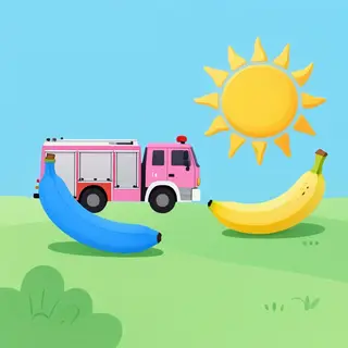A pink fire truck, a blue banana, and a green sun in a surre