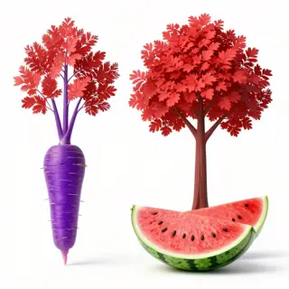 A purple carrot, a red tree with red leaves, and a white wat