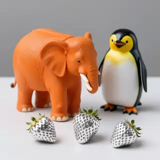 An orange elephant, a yellow penguin, and a silver strawberr