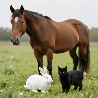 A big brown horse, a small white rabbit, and a medium-sized 