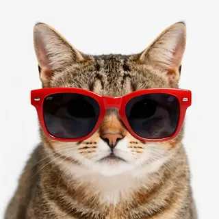 A tabby cat wearing oversized red sunglasses