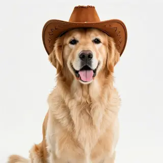 A golden retriever wearing a tiny cowboy hat