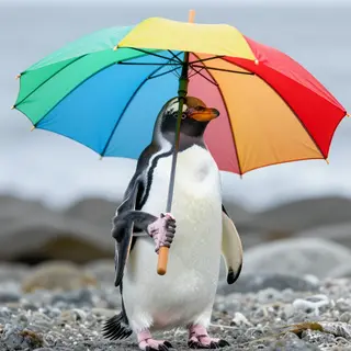 A penguin holding a colorful umbrella