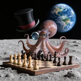 An octopus wearing a top hat and monocle playing chess on th