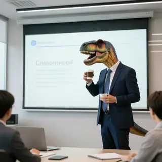 A dinosaur in a business suit giving a PowerPoint presentati