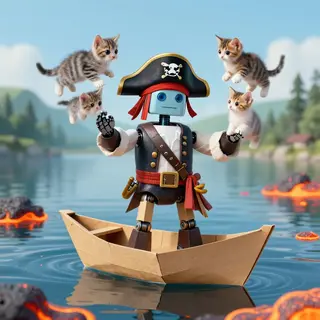 A robot dressed as a pirate sailing a paper boat on a lake o