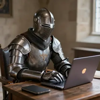 A medieval knight in full armor sitting at a desk typing on 