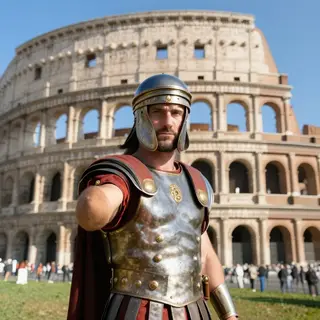 A Roman gladiator taking a selfie with a smartphone in the C