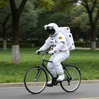 An astronaut in a spacesuit riding a bicycle through a park