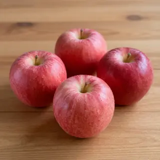 Exactly 3 red apples arranged on a wooden table